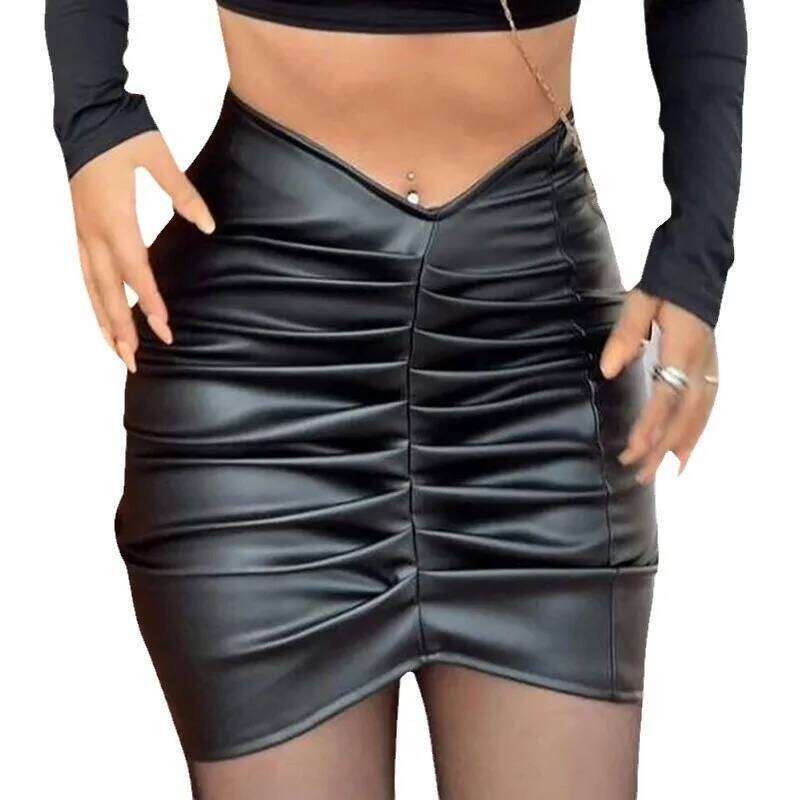 Women's Solid Color Pu Leather Skirts Fashion Sexy Folds Slim Package Hip Mini Skirt Streetwear Female 2026 Spring New Clothing XJ260309