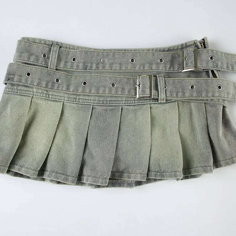 Vintage Low Waist Mini Denim 2025 Summer Fashion Square Buckle Big Belt Pleated Skirt XJ260309