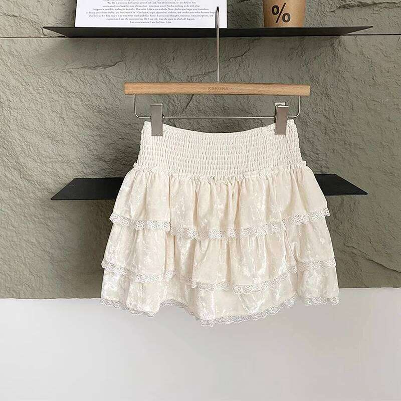 Splicing Lace Velvet Tiered Autumn Winter New Korean Style Sweet High End Slim-looking Skirts Fashion Elastic Waist Skirt XJ260309