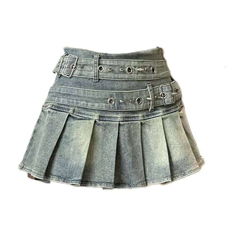 Woman Vintage Denim Pleated Lace Fold Design A-line Short Skirt Built in Shorts American Spicy Girl Korea Fashion Hotsweet XJ260309