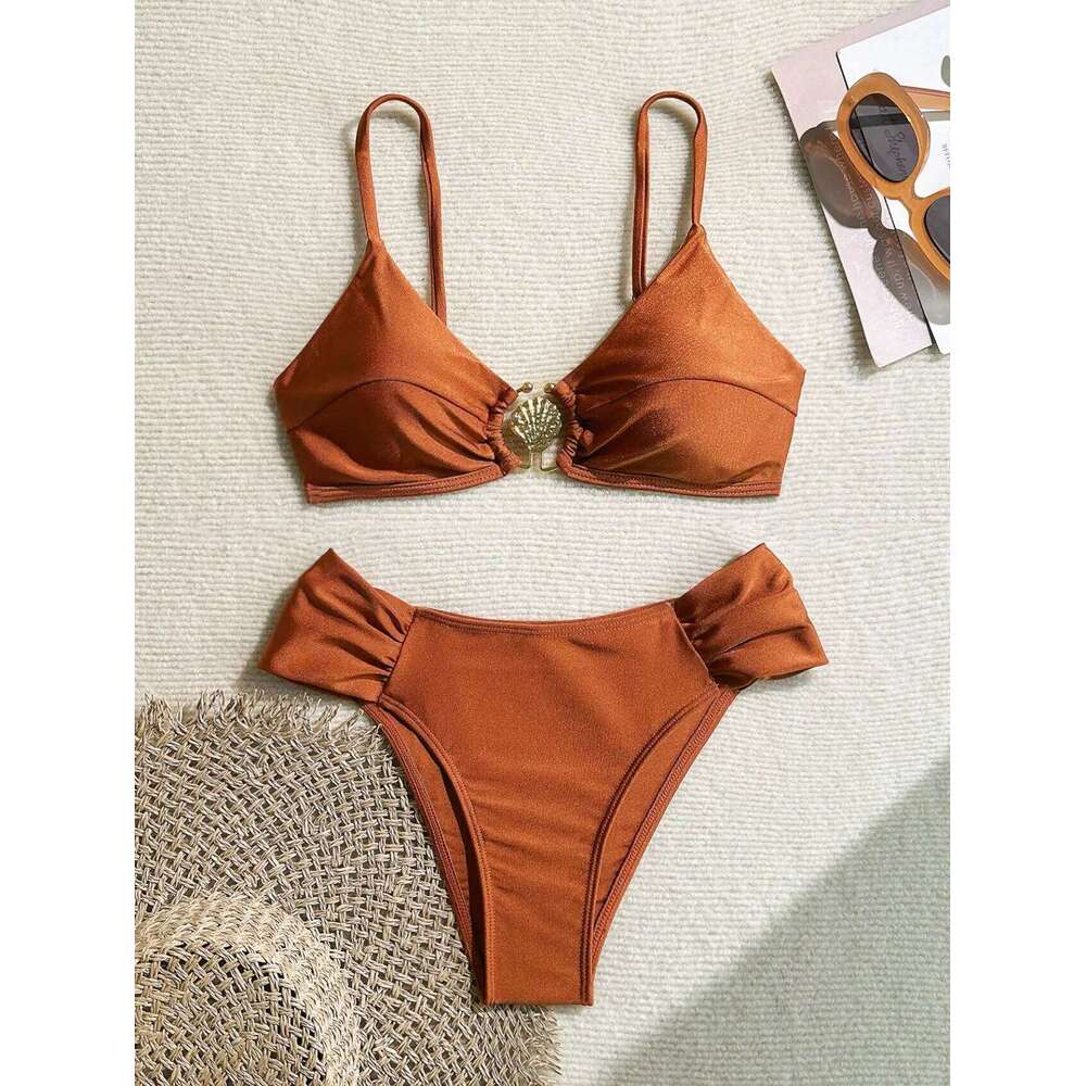 Sexy Pleate High Waist Bikini Set 2025 Women Orange Metal Buckle Push Up Two Piece Swimsuit Beach Bathing Suit Holiday Swimwear XJ260206