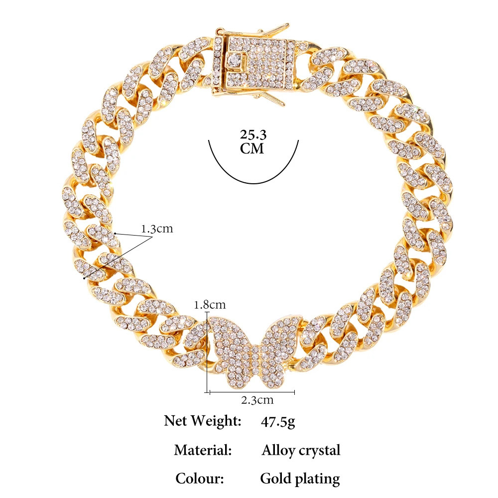 Fashion Shine Crystal Butterfly Miami Cuban Anklets for Women Iced Out Bling Cuban Link Chain Ankle Bracelet Beach Jewelry 260306