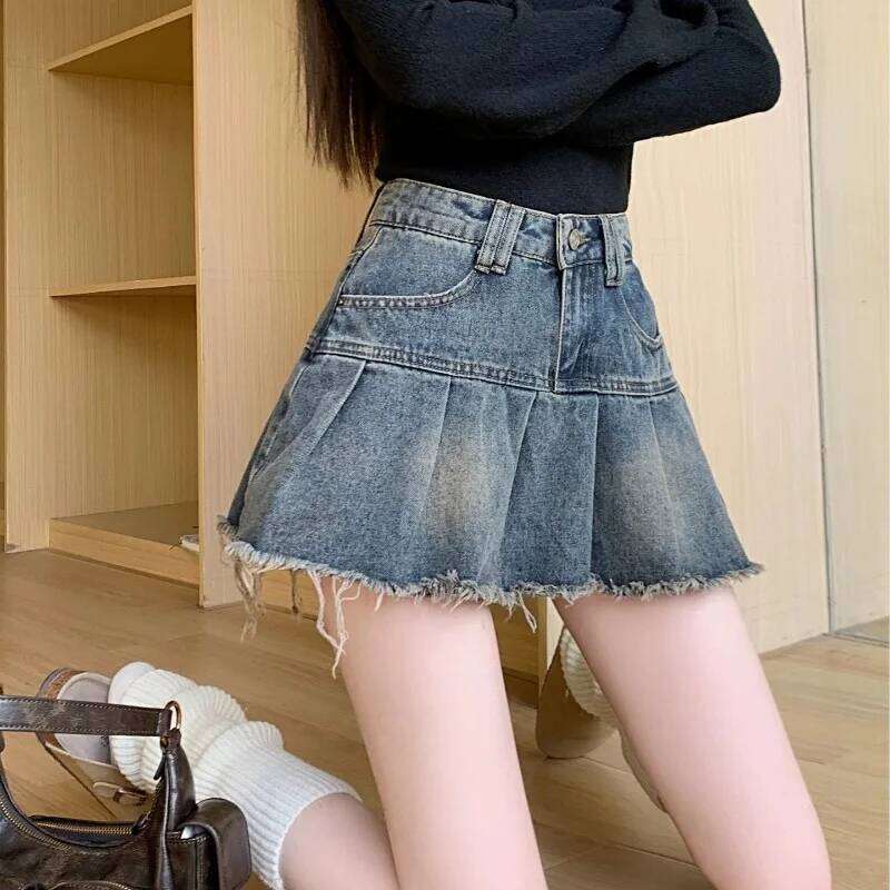Pleated Skirt Women Denim Mini Vintage High Waist Designed Hotsweet All-match A-line Y2k Korean Fashion Streetwear Summer Ins XJ260309