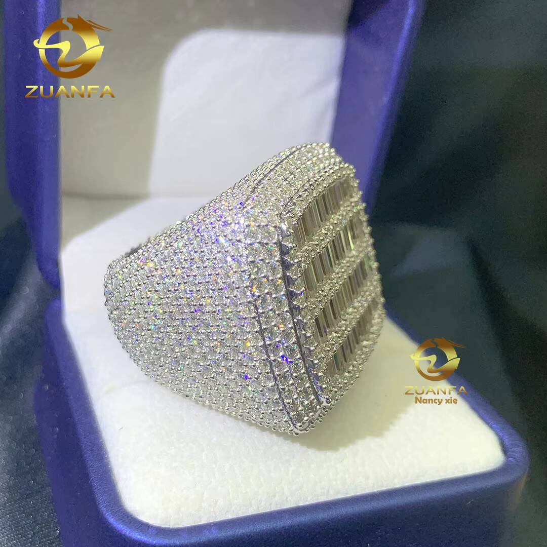 New Designs Ready to Ship Hip Hop Jewelry 925 Sterling Silver VVS baguette Moissanite Diamond Iced Out Rings for Men