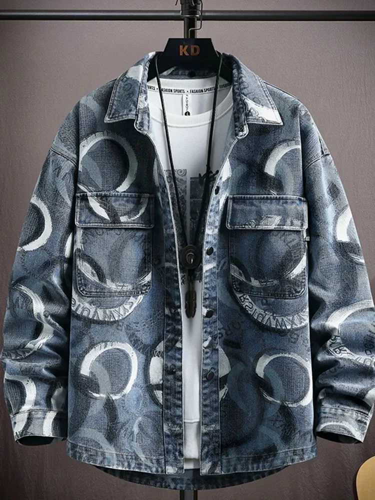 Autumn and Spring New Fashion Trend Print American Streetwear Denim Jacket Mens Casual Loose Sports Outerwear M260309