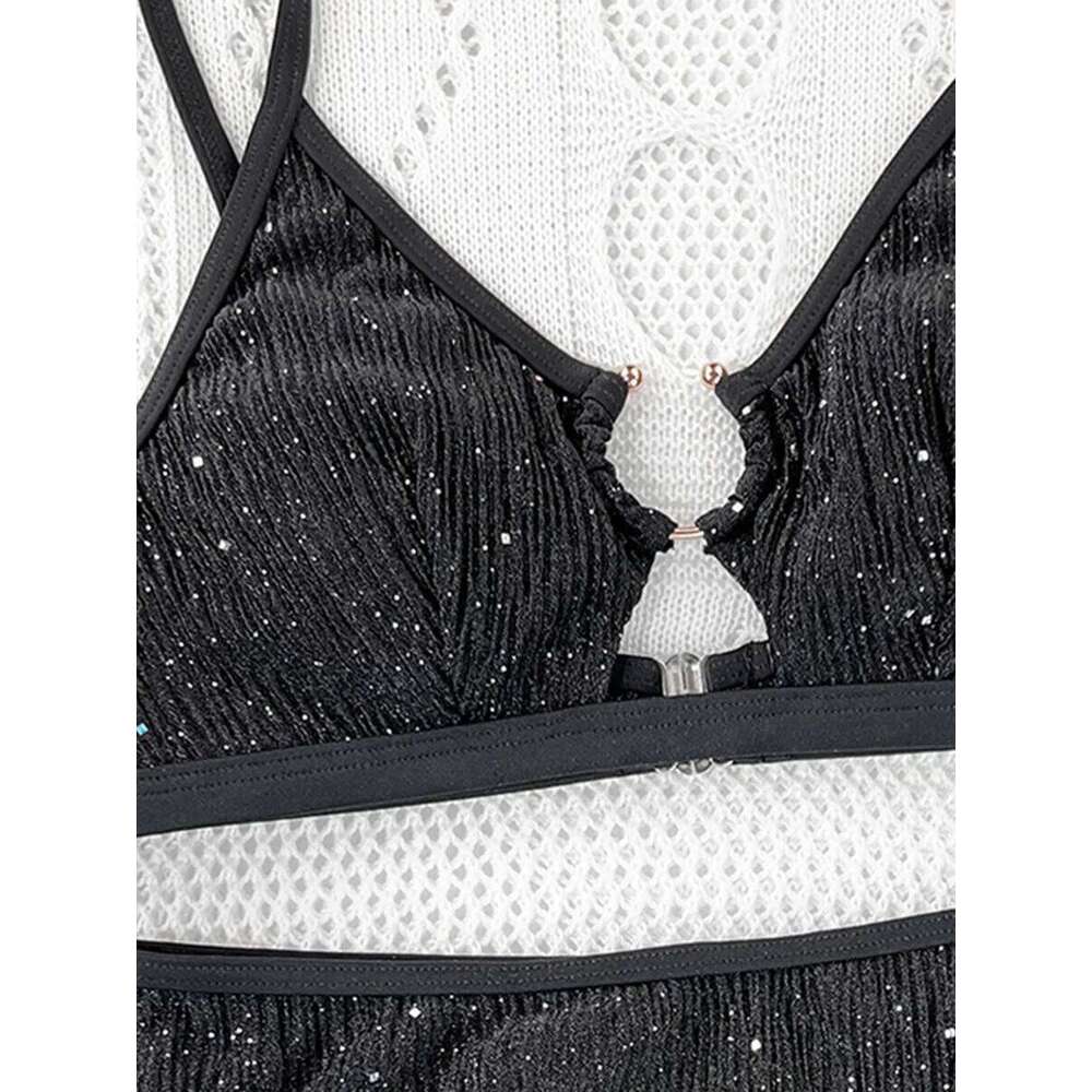 Glitter Sparkling Cut Out Female Swimsuit High Waist Women Swimwear Two-pieces Bikini Set Trend Bathing Suit Swim Lady XJ260206