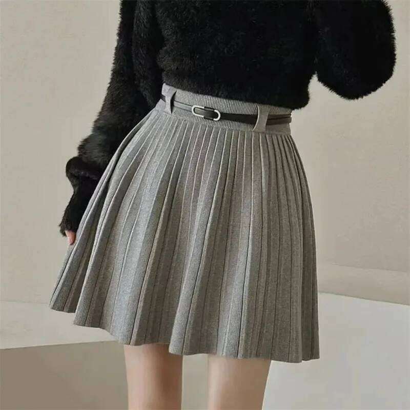 Autumn Winter Knitted Pleated Women Korean Fashion High Waist A-Line Skirts Ladies Elegant Streetwear Gray Mini Skirt XJ260309