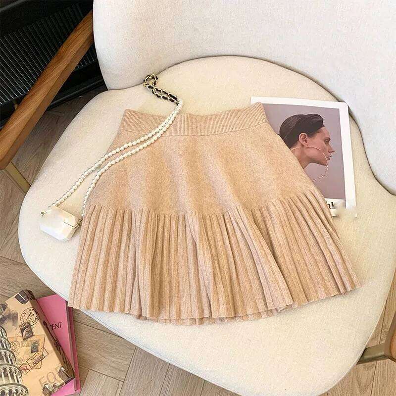 Solid High Waist Knitted Pleated Skirt Women Autumn Winter Sweet Preppy Style Mini Korean Chic Slimming A-Line Skirts XJ260309