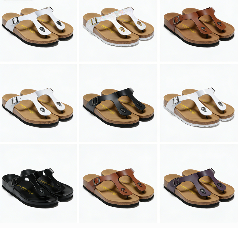Women's Patent Leather Thong Sandals Adjustable Buckle Cork Footbed Summer Flip Flops
