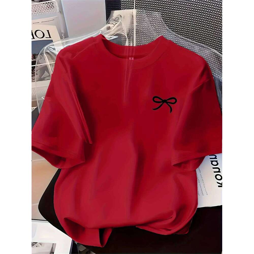 New Women's Black Bow Printed Simple Style Casual Fashion Short Sleeve T-shirt Soft Comfortable Summer Women Clothing XJ260306