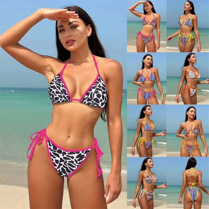 Sexy Thong Mini Bikinis Set Halter Swimwear Women Triangle Swimming Costume Padded String Ladies Low Waist Top and Tie Side XJ260206