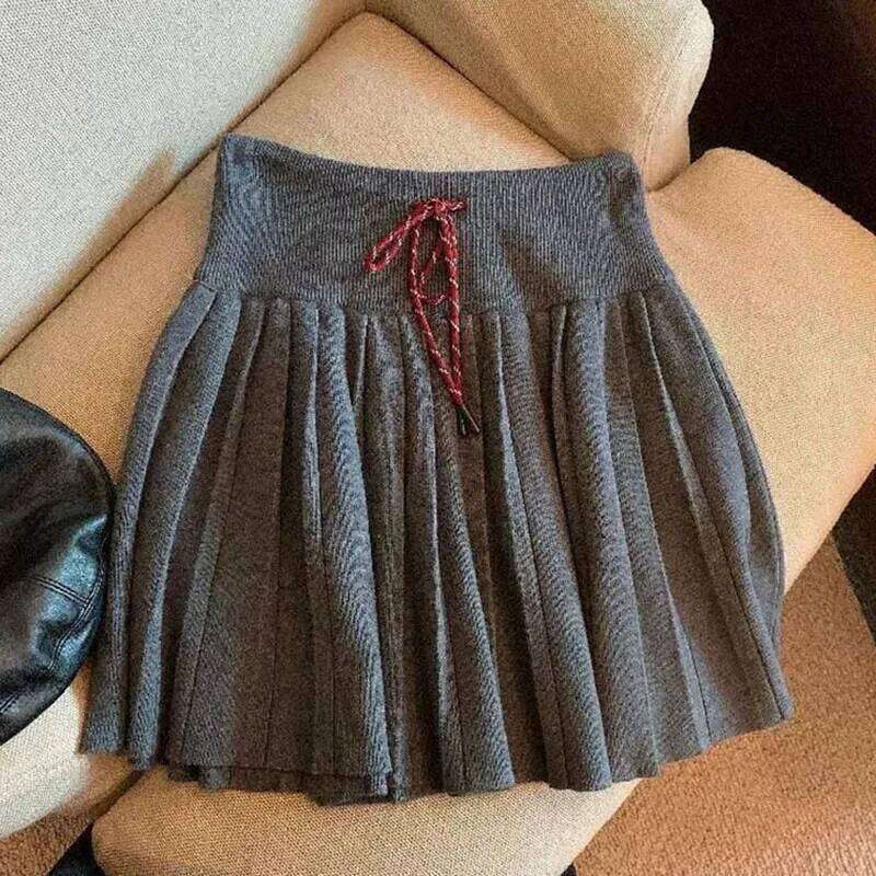Korean Drawstring Lace-Up Pleated Skirt Women Preppy Style High Waist Slimming Knitted Mini Sweet Cute Jk Skirts XJ260309