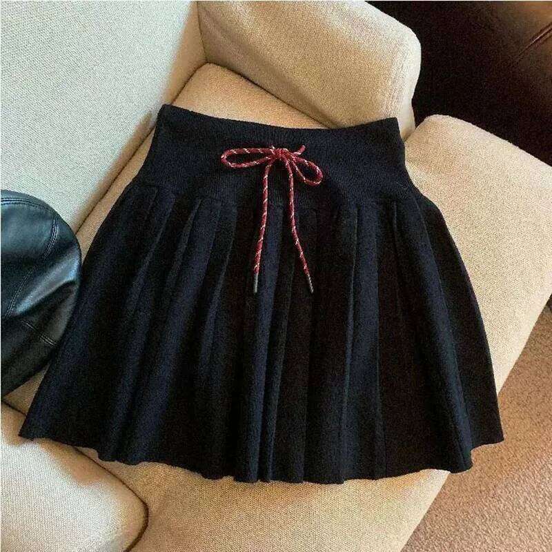 Korean Drawstring Lace-Up Pleated Skirt Women Preppy Style High Waist Slimming Knitted Mini Sweet Cute Jk Skirts XJ260309