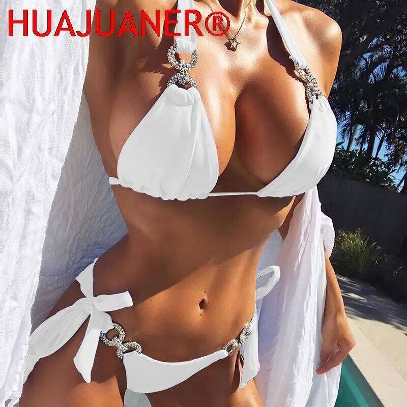 2024 New Diamond Halter Swimsuit Bandage Swimwear Women Separate Bathing Suit Female Beach Bikini Set Low Waist XJ260206