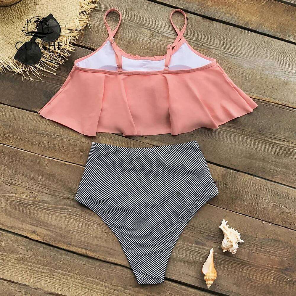 Pink and Stripe High Waisted Bikini Sets Sexy Tank Top Swimsuit Two Pieces Swimwear Women New Beach Bathing Suits XJ260206