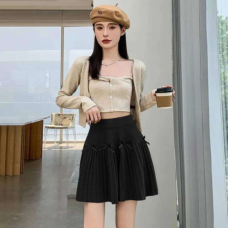 Korean Chic Bow Knitted A-Line Women Preppy Style Cute Pleated Short Skirts Girls All-Match Slimming High Waisted Skirt XJ260309
