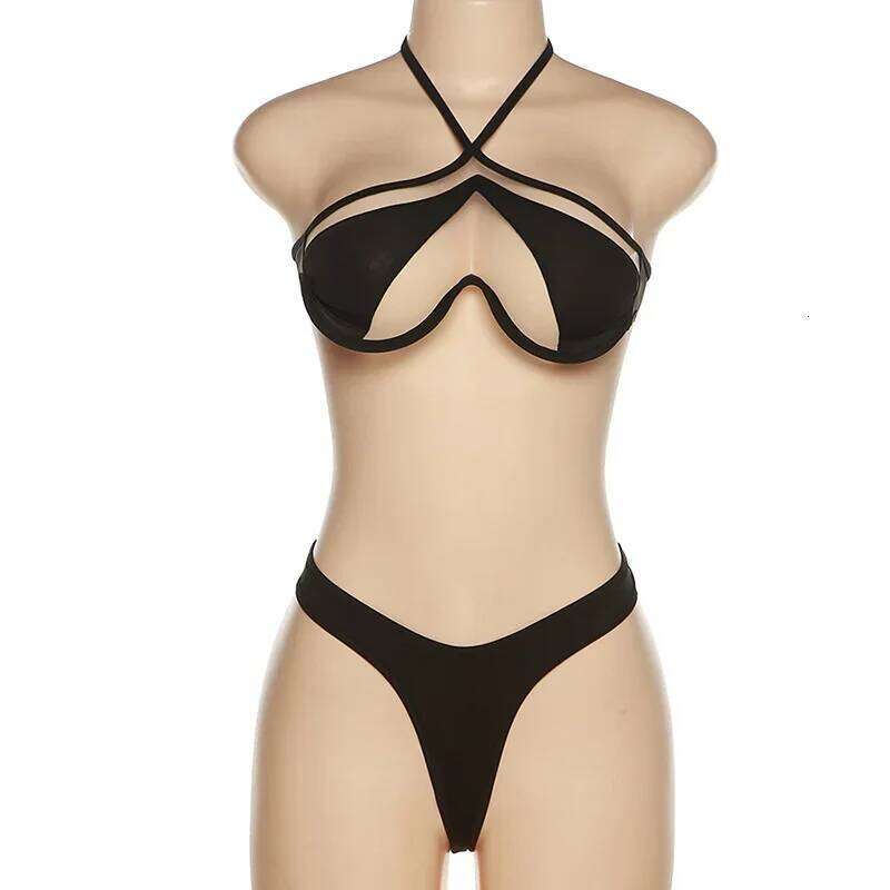Sexy Two 2 Piece Set Swimsuits Fashion Outfit Sex Mesh See Through Bikini Sets Beachwear Holiday Summer Halter Swimwear XJ260206
