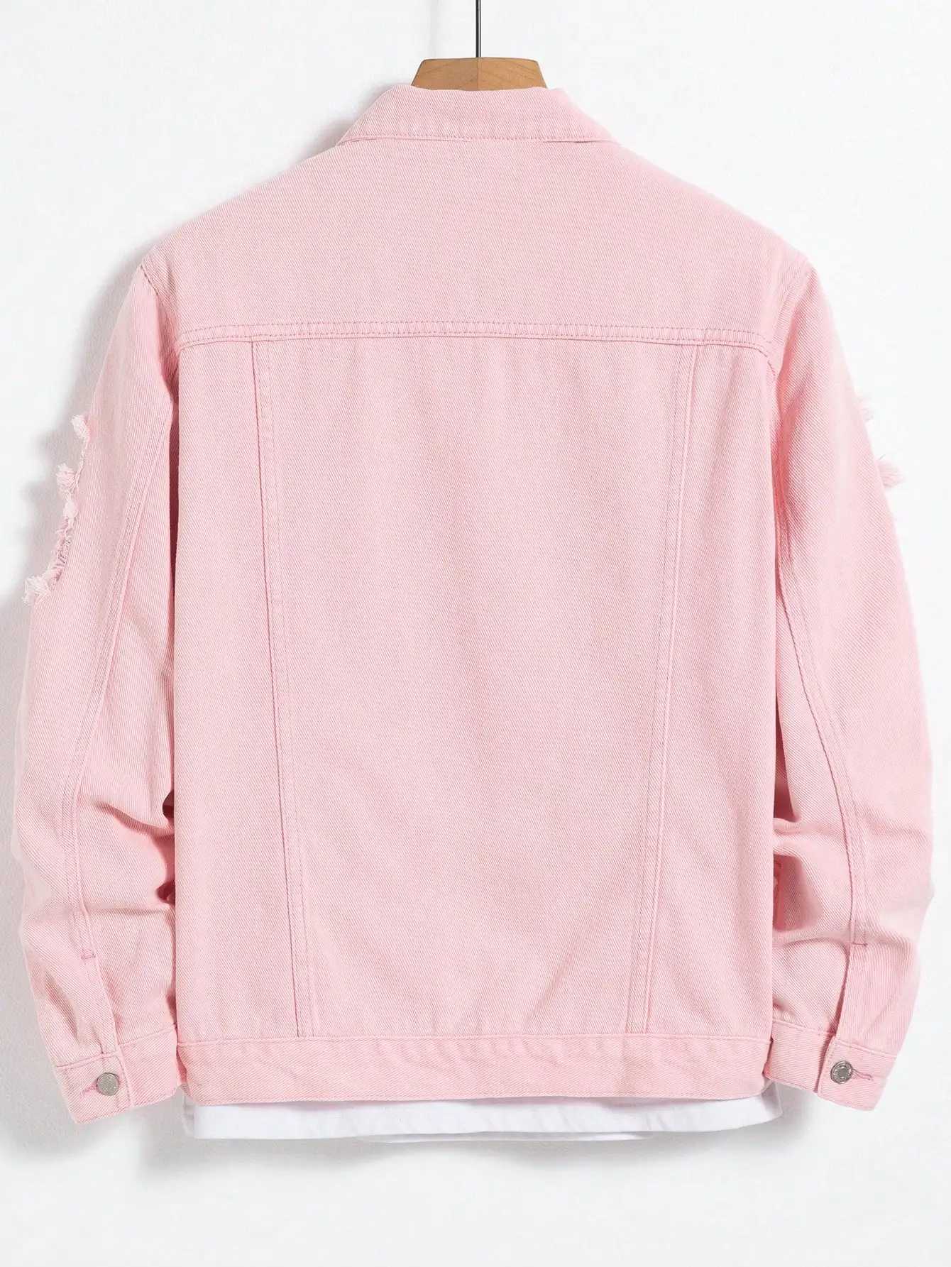 Mens denim jacket for spring and autumn Pink ripped denim jacket Daily casual Fashionable and trendy M260309