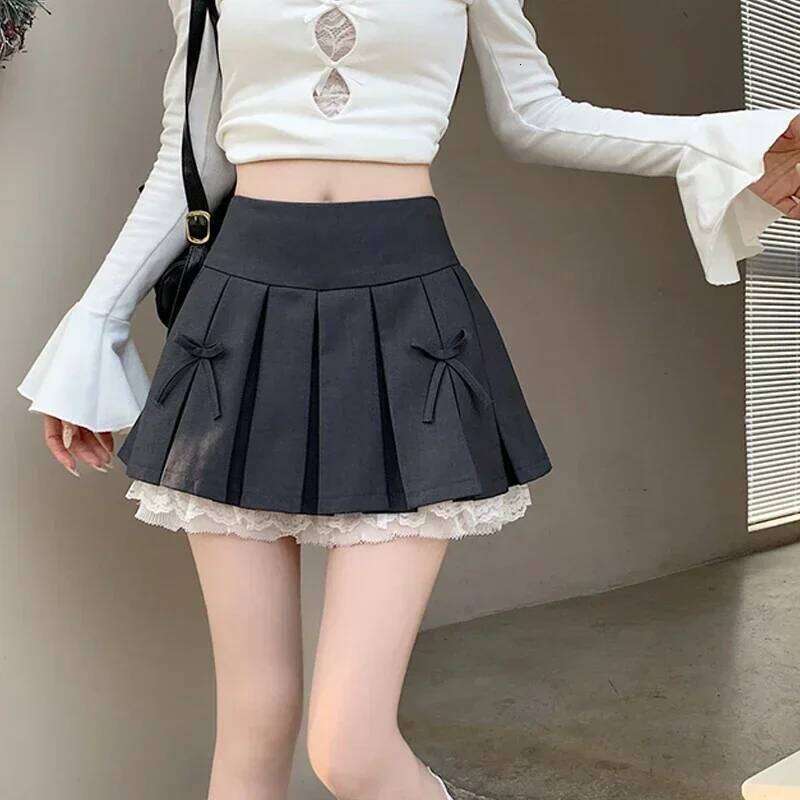 Korean Fashion Sweet High Waist College for Womenn Lace Preppy Bow Female A-line Pleated Skirt Y2k XJ260309