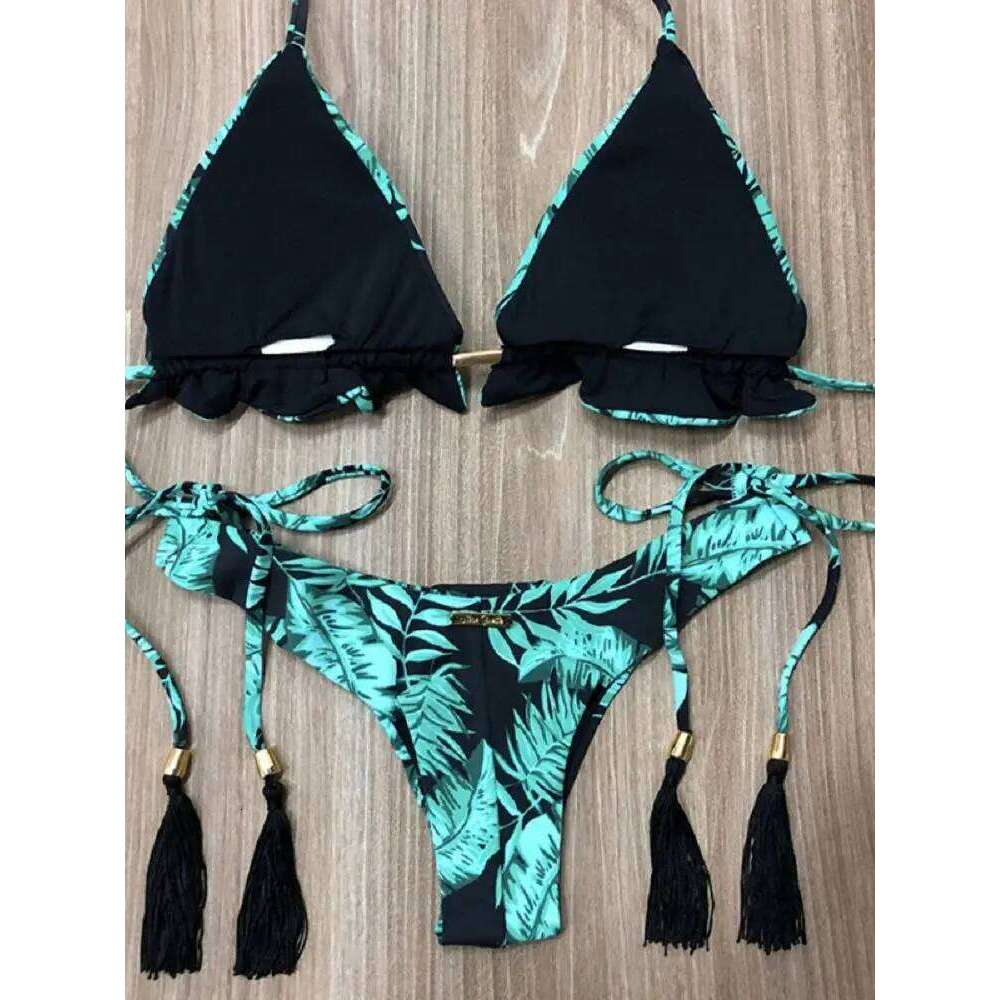 2019 Sexy Halter Women Thong Micro String Padded Swimwear Brazilian Bikini Bandage Tropical Plant Print Swimsuit XJ260206