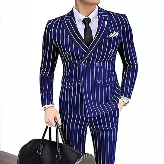 mens slim-fit pinstripe suit 2-piece double-breasted suit suitable for weddings and business