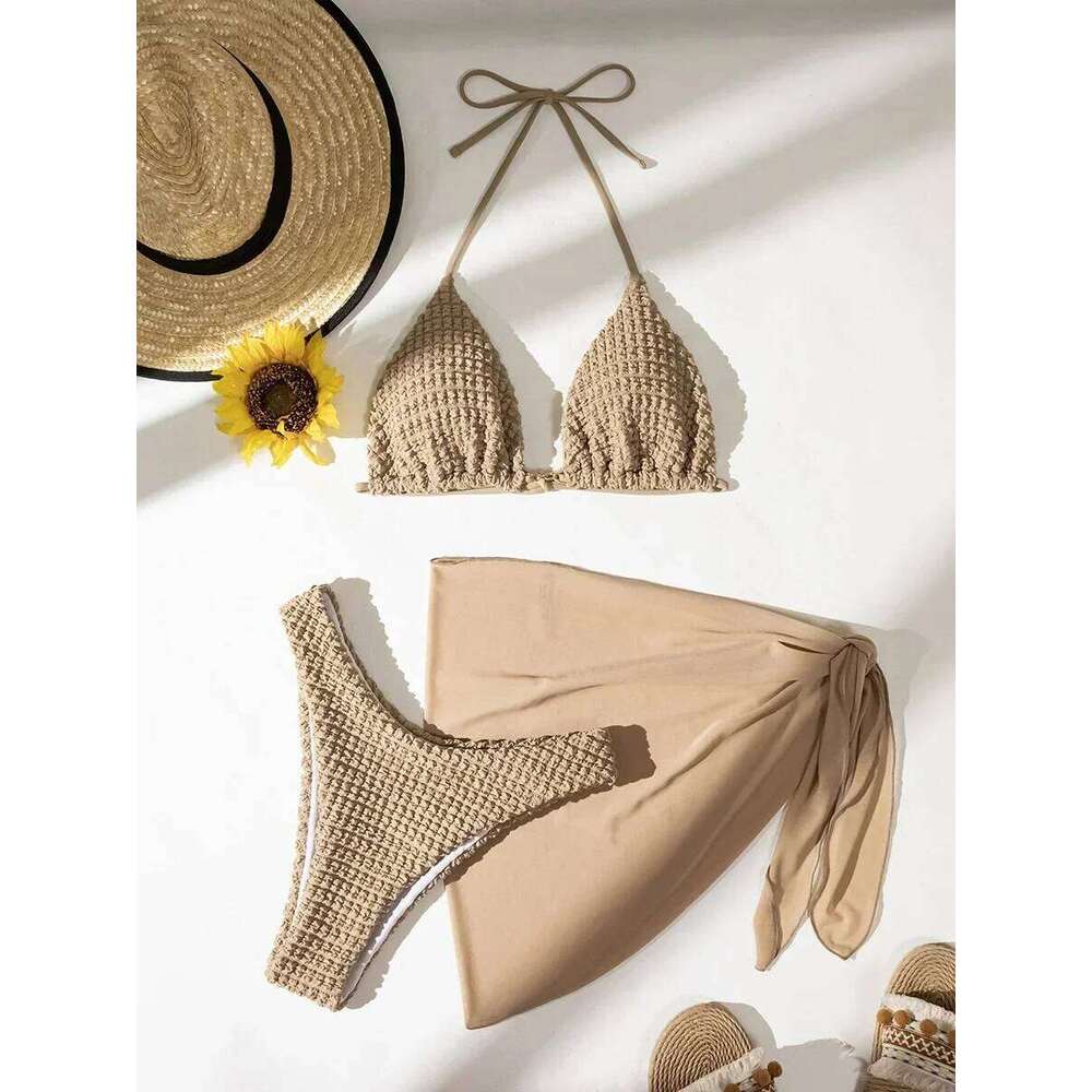 3PCS with Mesh Sarong Wrinkled Halter Female Swimsuit Women Swimwear Three-pieces Bikini Set Bathing Suit Swim Beach Wear XJ260206