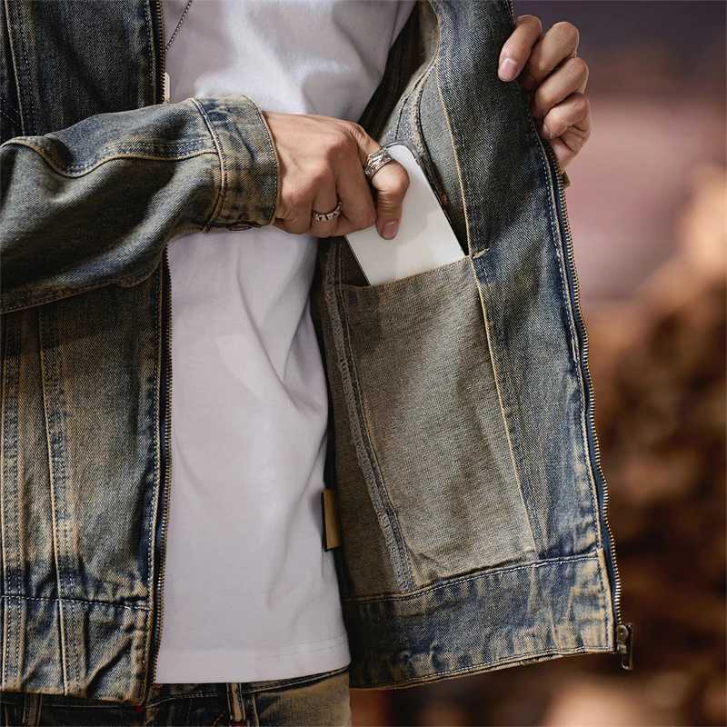 Men Heavy Industry Washed Denim Rivet Vintage Fashion Stand Collar Motorcycle Jacket Man Streetwear Runk Hip Hop Jeans Coat M260309