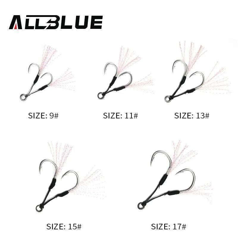 ALLBLUE 4pairs/lot Metal Jig Assist Hook With PE Line Feather Solid Ring Jigging Spoon Saltwater Fishhook for 5-80g Lure S260305