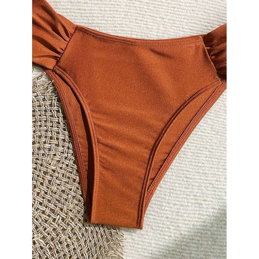 Sexy Pleate High Waist Bikini Set 2025 Women Orange Metal Buckle Push Up Two Piece Swimsuit Beach Bathing Suit Holiday Swimwear XJ260206