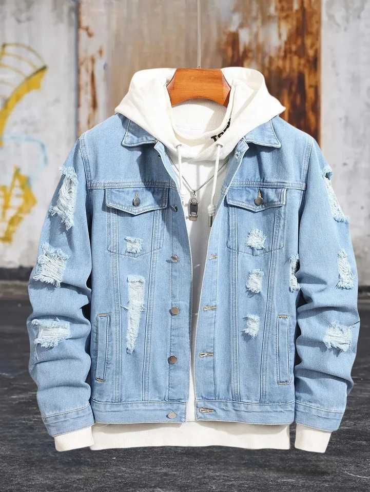 1PC Mens Casual Hot Selling Blue Distressed Wash Flight Jacket Everyday American Street Fashion Denim Jacket M260309