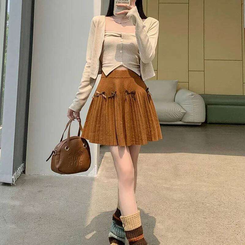 Korean Chic Bow Knitted A-Line Women Preppy Style Cute Pleated Short Skirts Girls All-Match Slimming High Waisted Skirt XJ260309
