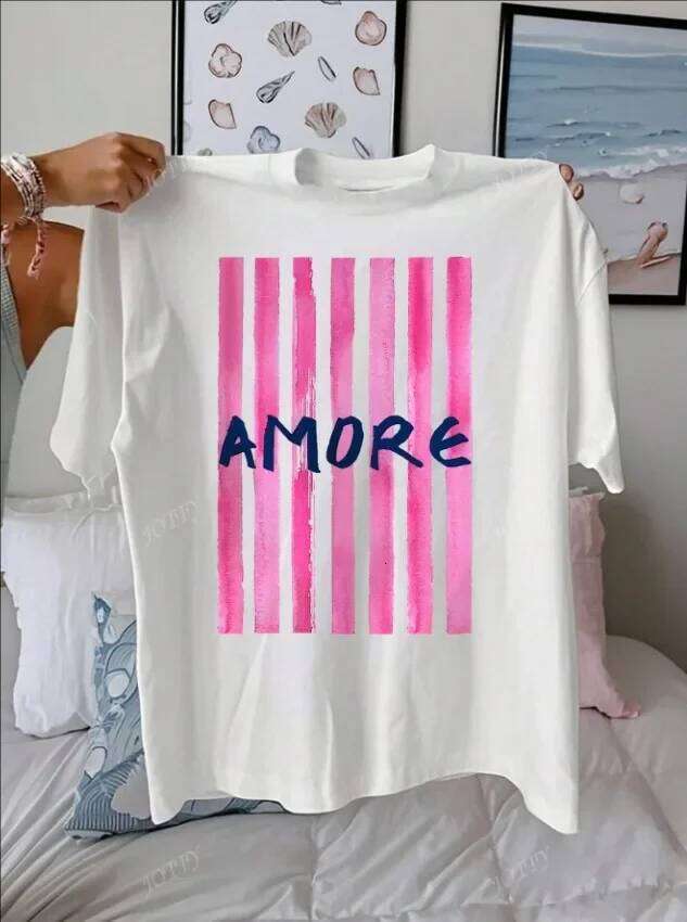AMORE Striped Art Pattern Summer Outfits Women Casual Round Neck Short Sleeve Female T-Shirt Tops XJ260306