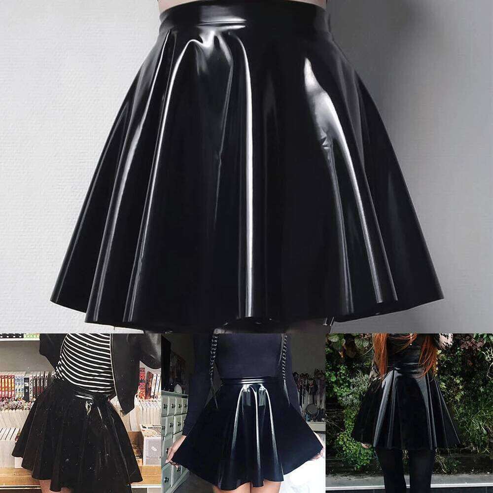Women PVC Leather Skirt Flared A Line Skater Skirts Clubwear Dance Female Vintage Pleated Minis Glossy Short Dress XJ260309
