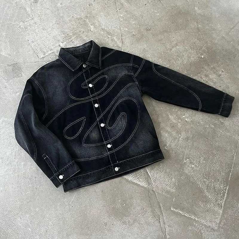 American Streetwear Vintage Wavy Seam Denim Jacket Men Women Black Oversized Coat Curved Stitching Distressed Details Y2K Style M260309