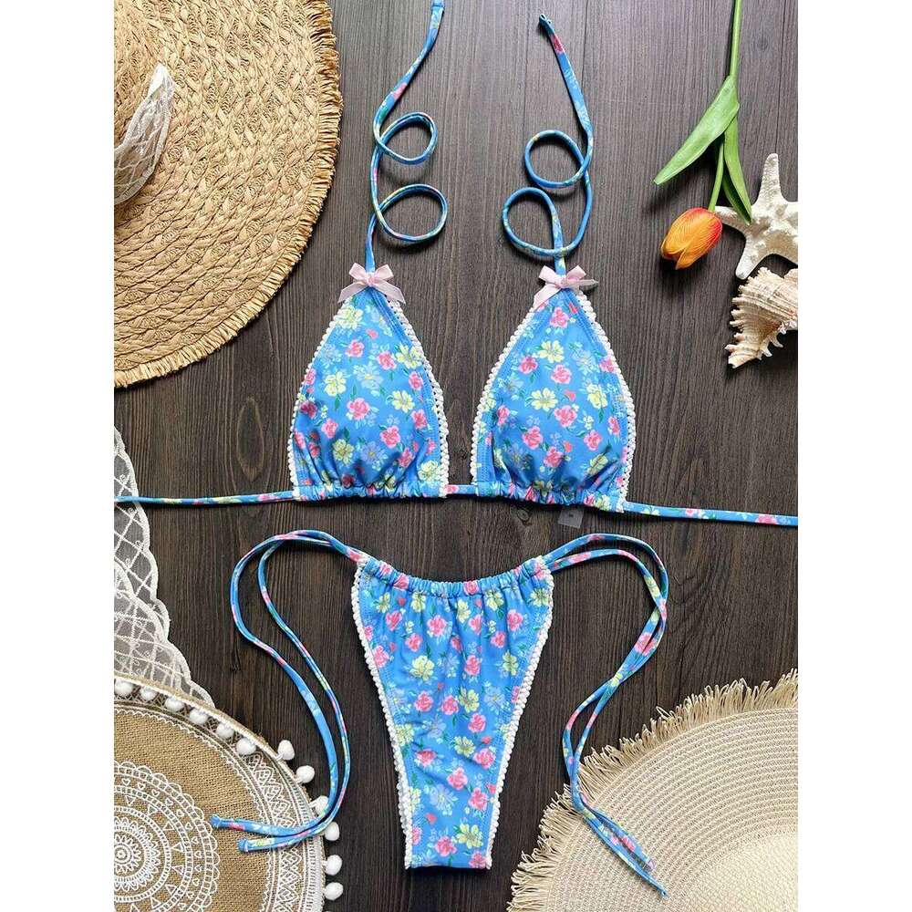 2026 Floral Print Halter Strappy Female Swimsuit Women Swimwear Two-pieces Bikini Set Bow Knotted Bathing Suit Swim Lady XJ260206