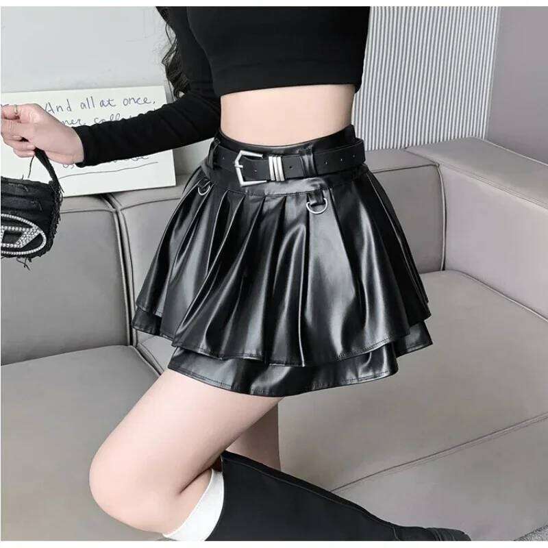 New Pleated Leather Skirts Women Korean High-waisted Solid A-line High Street Fashion Basics Short Skirt Female XJ260309