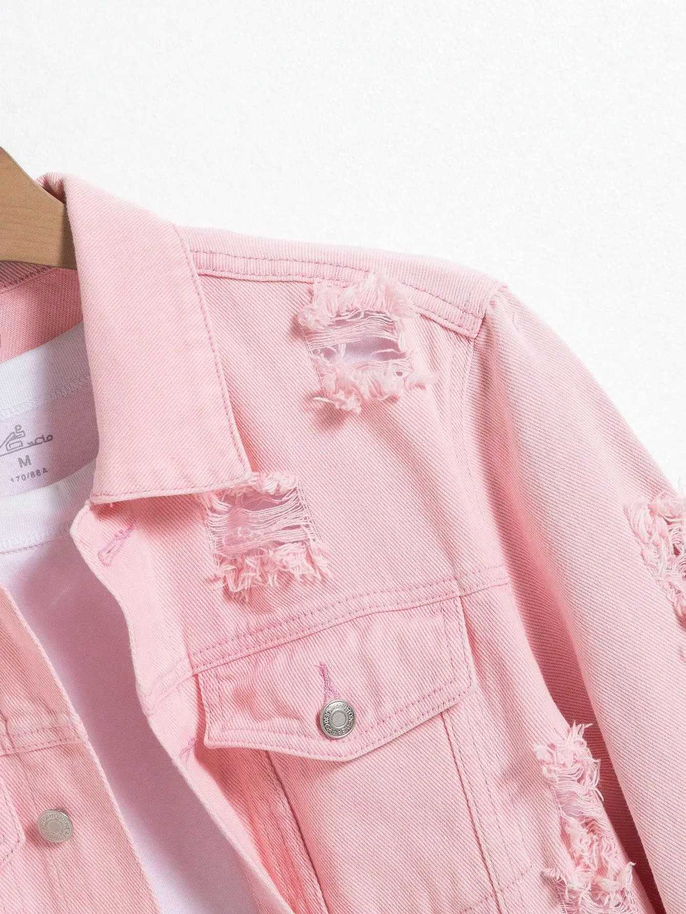 Mens denim jacket for spring and autumn Pink ripped denim jacket Daily casual Fashionable and trendy M260309