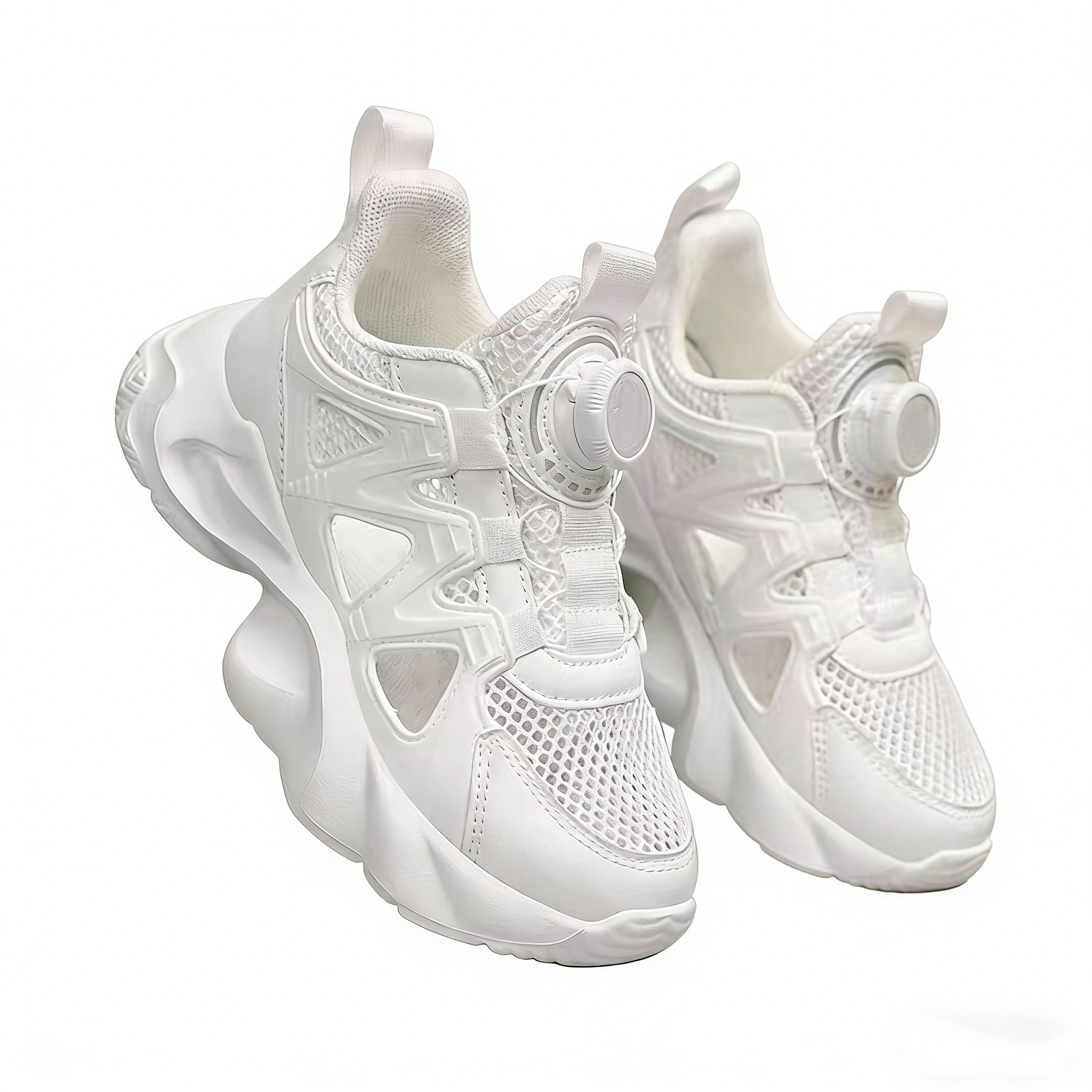 Free shipping Kids Breathable Mesh Sneakers Boys Rotating Buckle No Tie Laces Black white Non-slip Casual Chunky Shoes Spring and summer