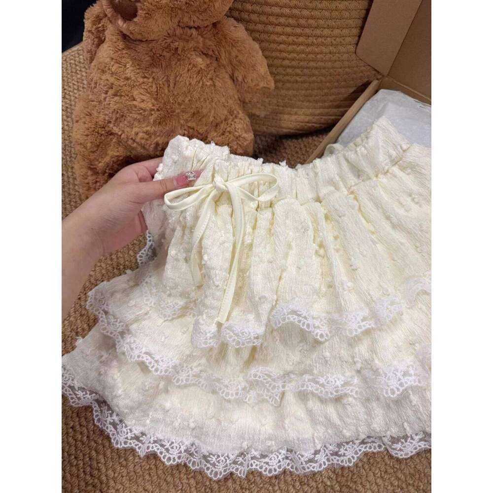 2026 Spring Beige Knit Skirt New Retro Ballet Knitted Ruffle Edge High Waist Slimming A-line Short Skirts Women Japanese Kawaii XJ260309