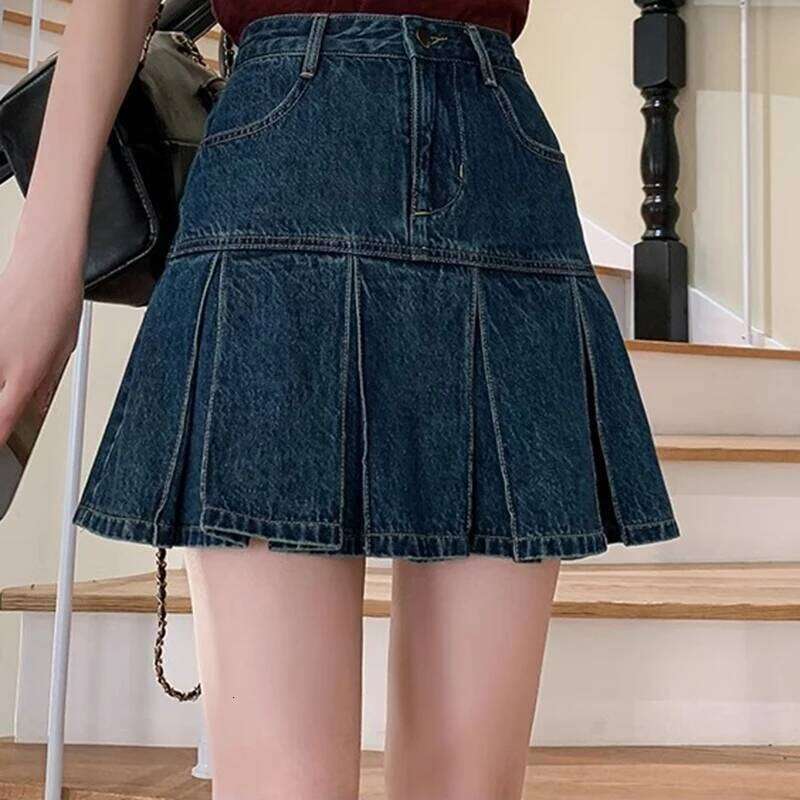 Women High Waist Korean Style Denim Pleated Female Elegant Ruched Dress Lady Blue A Line Mini Wrap Hips Skirts Large Size XJ260309