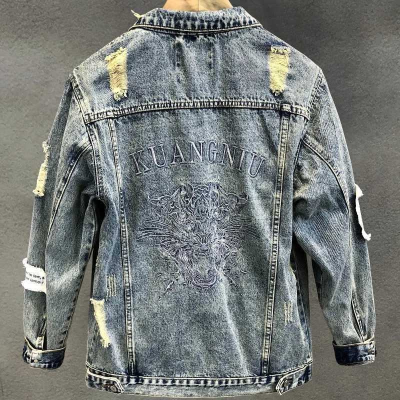 Spring and Autumn New Mens Fashion Slim Fit Popular Jacket Broken Hole Embroidery Denim Coat M260309
