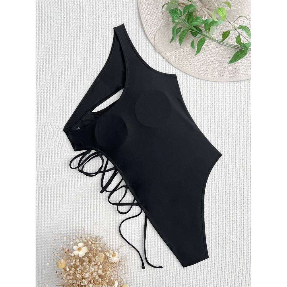 High Cut Drawstring Bikini Black Sexy Hollow Out Luxury Swimsuit Cross Bandage Monokini Punk Swimwear Women Bath Beach Swim Suit XJ260206