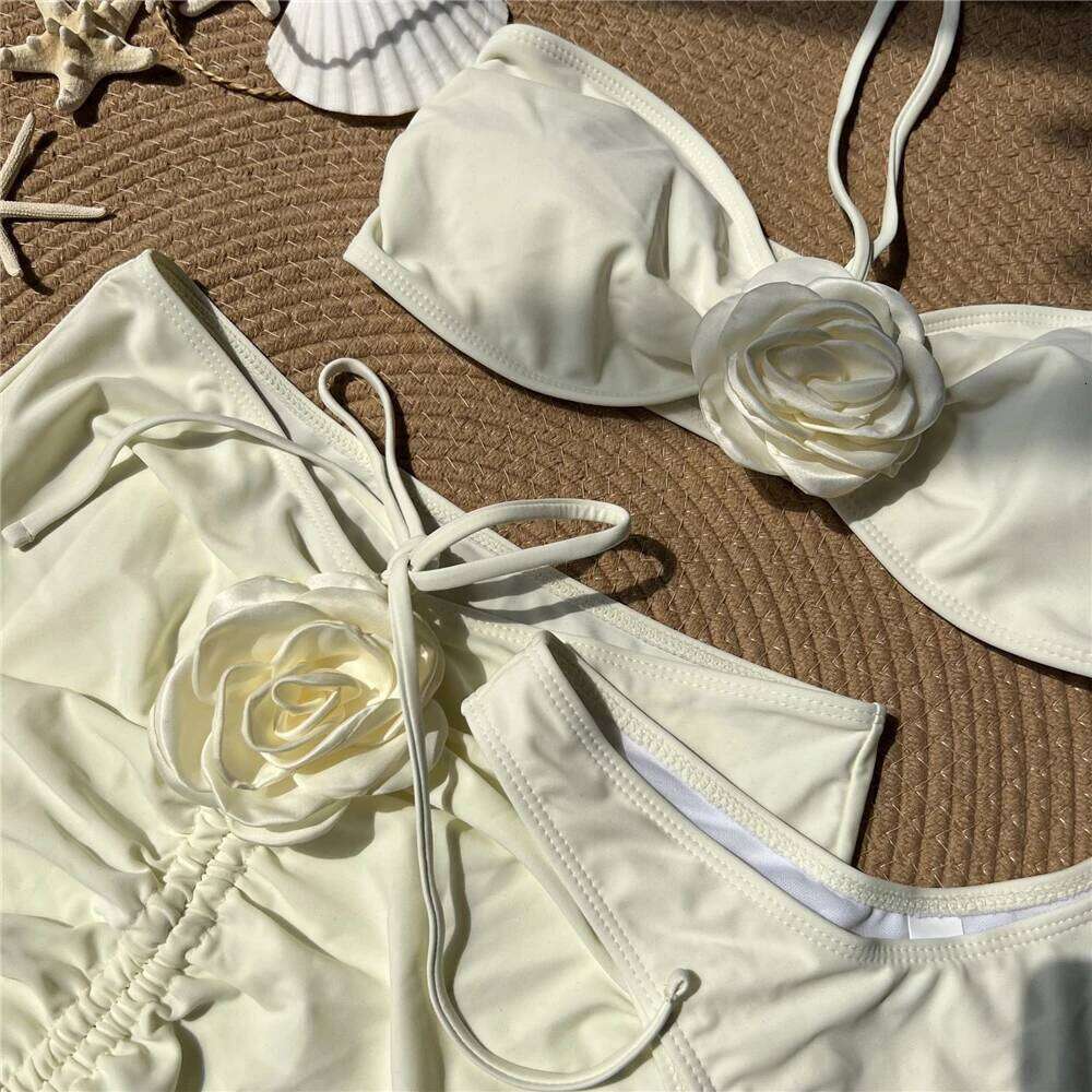 Sexy Black 3D Flower Bandeau Swimwear Skirts Cover Ups Thong 3 Piece Bikini Set 2025 Women Swimsuits Beachwear Bathers Bikinis XJ260206