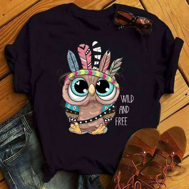 Maycaur Cartoon Owl Print T Shirt Women Kawaii Graphic Shirts Casual Short Sleeved Black Female Tee O-neck Harajuku T-shirts XJ260306