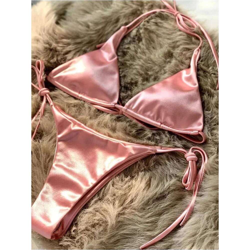 Wrap Around Halter Metallic Satin Women Swimwear Female Swimsuit Two-pieces Bikini Set Brazilian Bathing Suit Swim Lady XJ260206