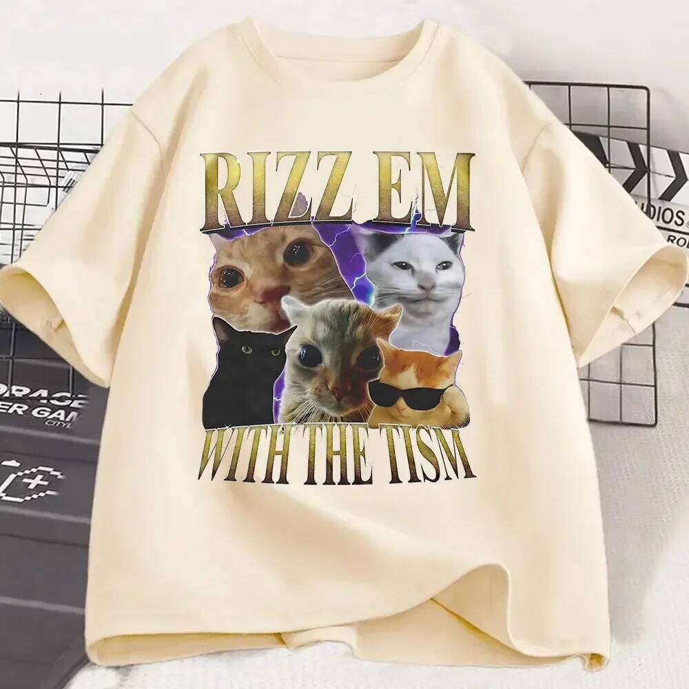 Rizz Em with The Tism T-Shirt Retro Funny Cat Summer T Shirt Tops Women Clothing Casual Short Sleeve T-Shirts graphic Y2K XJ260306