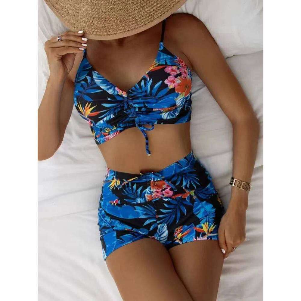 High Waist Bikini Swimsuit Women 2024 Floral Print Swim Suits Drawstring Front Shorts Boxers Swimwear Trunks Pool Bathing Suit XJ260206
