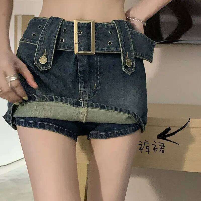 Y2K Summer New A-line Miniskirt High Waist Street Fashion Denim Retro Straight Tube Hip Wrap Women's Belt Skirt XJ260309