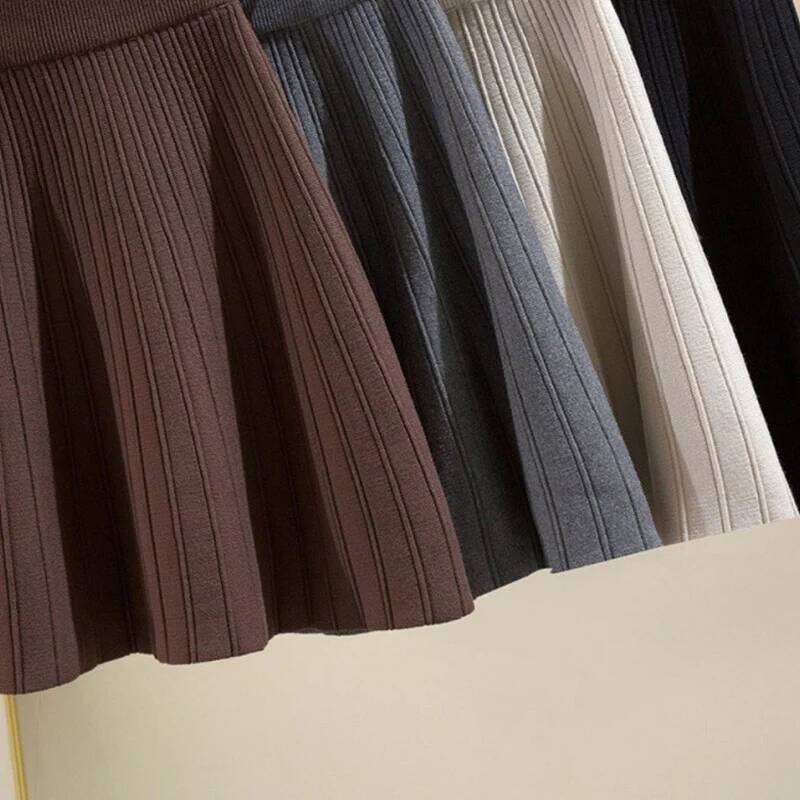 Fashion Elastic High Waist Knitting Women All Match Solid Color A Line Pleated Skirt Woman Trend Mini Skirts Female XJ260309