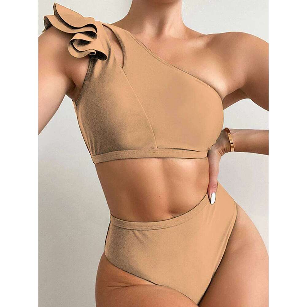One Shoulder Bikinis 2025 Women Ruffle Swimsuit Solid High Waist Swimwear Female Padded Bathers Bathing Swimming Suit Beachwear XJ260206